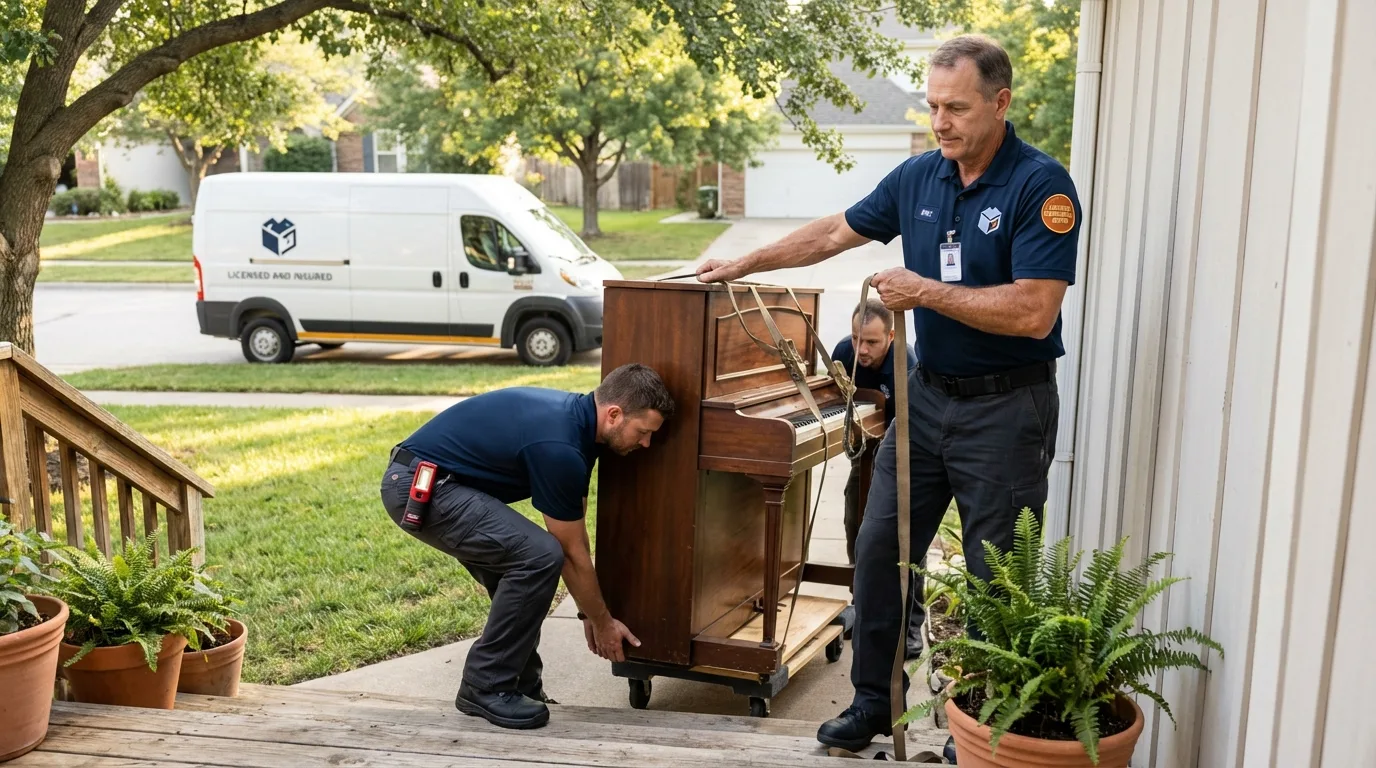 Licensed piano movers securing grand piano in Bedford, VA