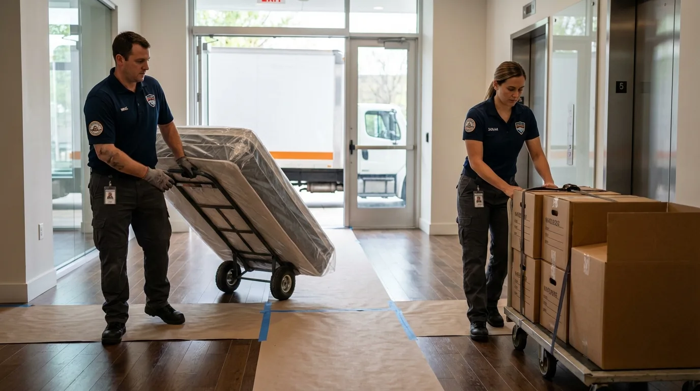Professional apartment movers loading elevator in Bedford, VA